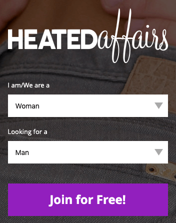 step one of signup page on heated affairs