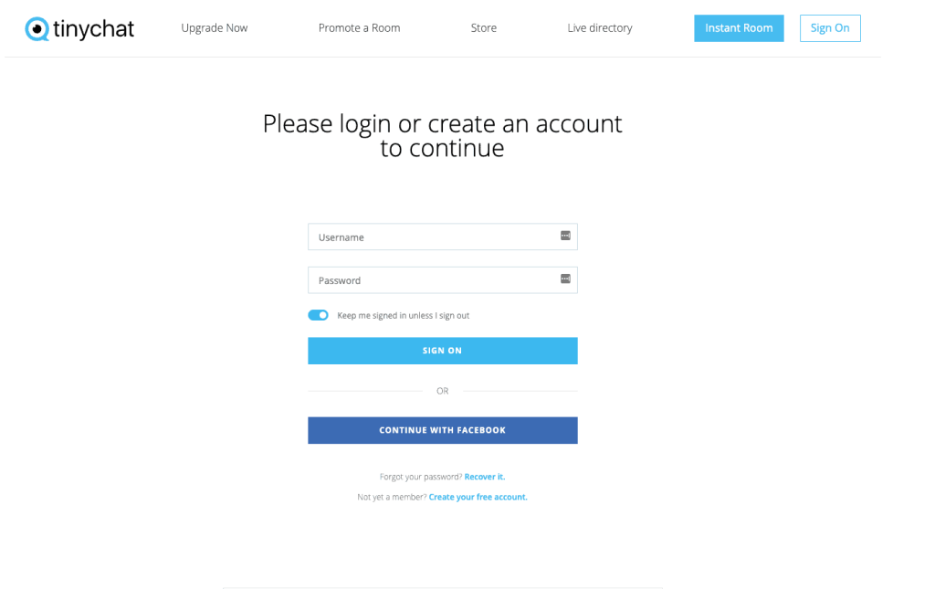 tiny chat signup page for new users who would like to create their account