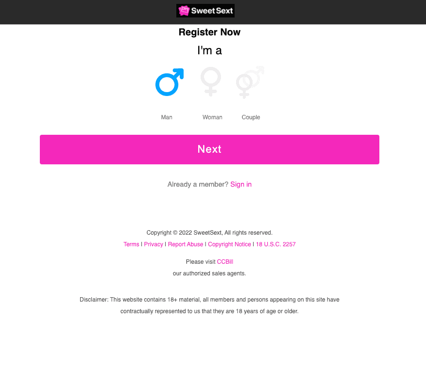 sweetsext dating app registration page for users