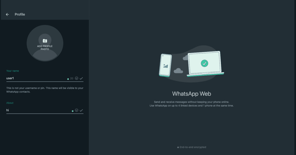 whatsapp web version profile edit section