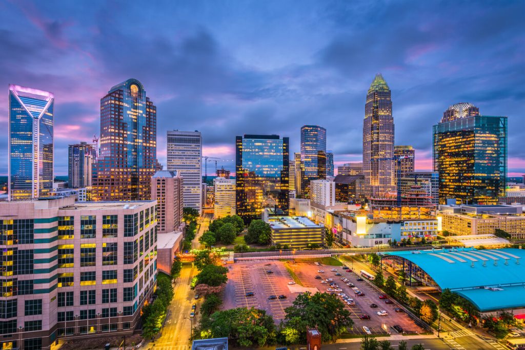 charlotte north carolina at night with lights from buildings