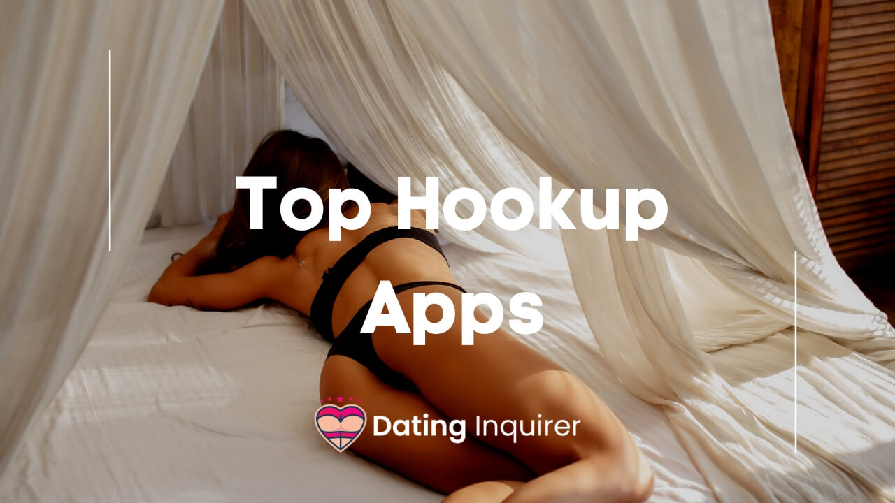 girl laying in bed with top hookup apps overlay